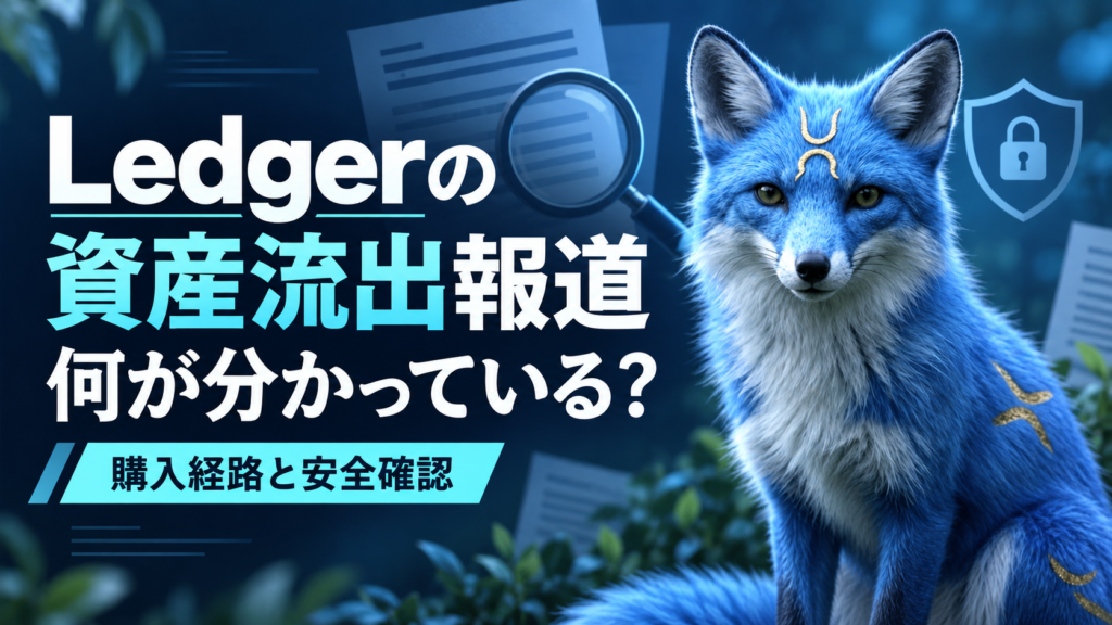 Ledgerの資産流出報道を、購入経路と安全確認の観点から読む解説。青いキツネの説明用イラスト。