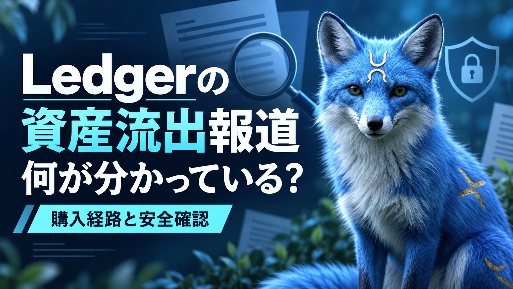 Ledgerの資産流出報道を、購入経路と安全確認の観点から読む解説。青いキツネの説明用イラスト。