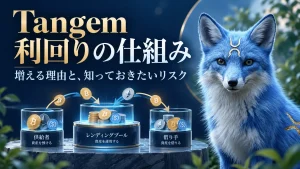 青いキツネが案内するTangemの利回り。貸付の仕組みを表した概念イラスト