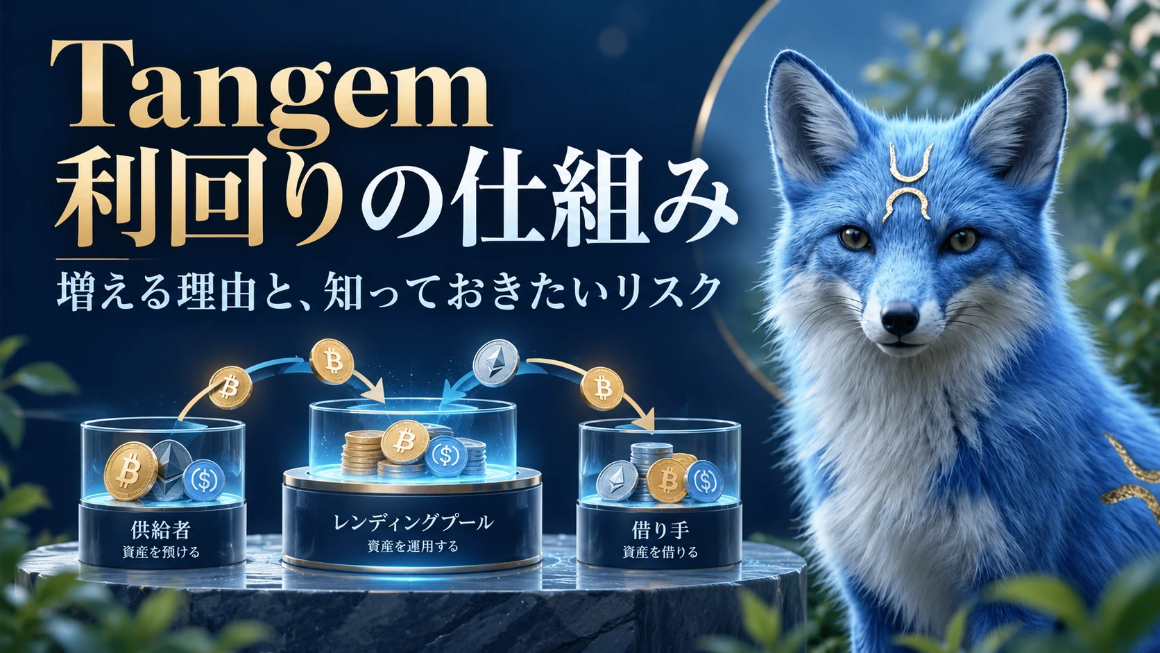 青いキツネが案内するTangemの利回り。貸付の仕組みを表した概念イラスト